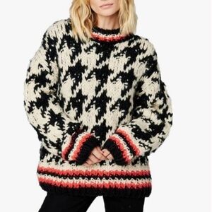 BlankNYC Black & Cream Oversized Chunky Houndstooth  Sweater with Red Accent